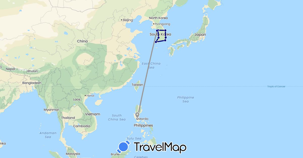 TravelMap itinerary: driving, plane in South Korea, Philippines (Asia)